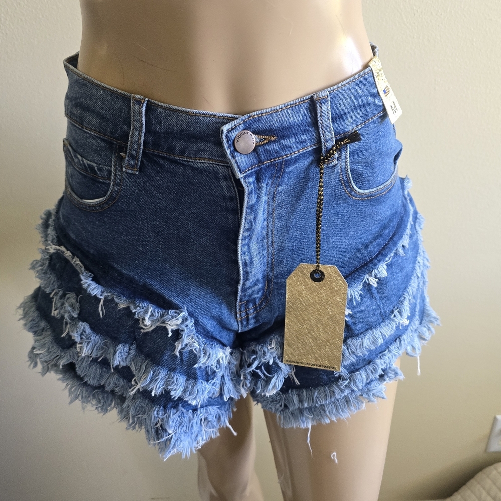 Blue Denim Fringe Shorts